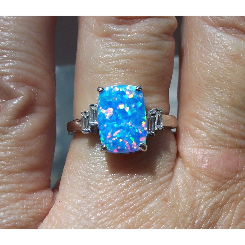 925 STERLING SILVER Lab Created Blue Lavender Fire Opal & CZ Ring - Picture 10 of 13